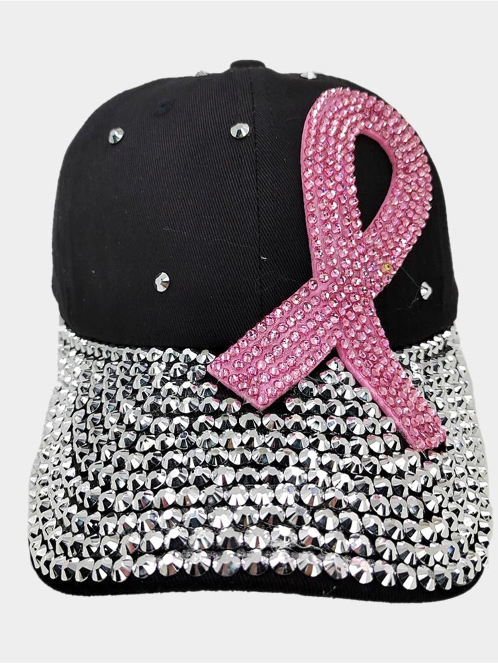 Embellished Black Baseball Cap with Pink Ribbon Accent